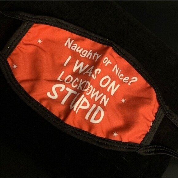 Unisex Red Face Mask Graphic Print "Naughty Or Nice I Was On Lockdown Stupid" - Picture 1 of 2